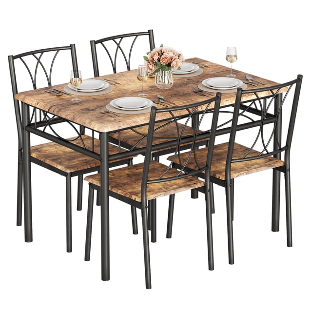 5 Piece Dining Table Chair Set, Metal Frame Wood Rectangular Dining Table with 4 Backrest Chairs