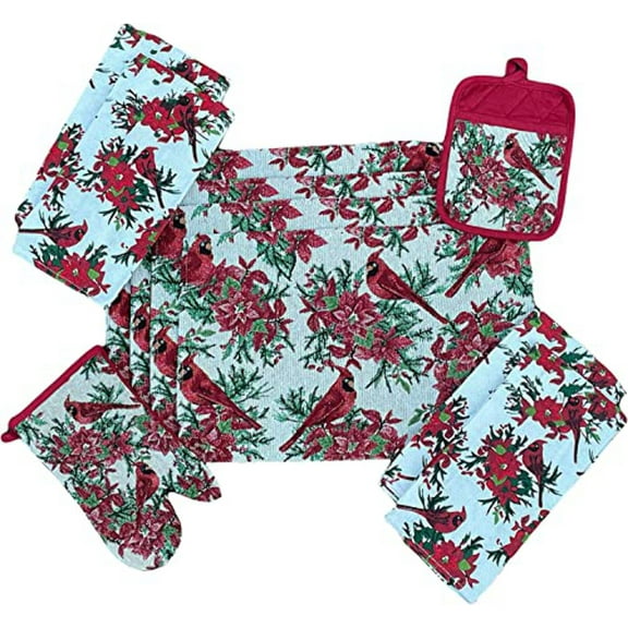 Set of 10, Red Cardinal Bird Holiday Season Christmas Design Tapestry Kitchen Towel Set, Include 4 Placemats, 4 Kitchen Towels, Pot Holder  Oven mitt.