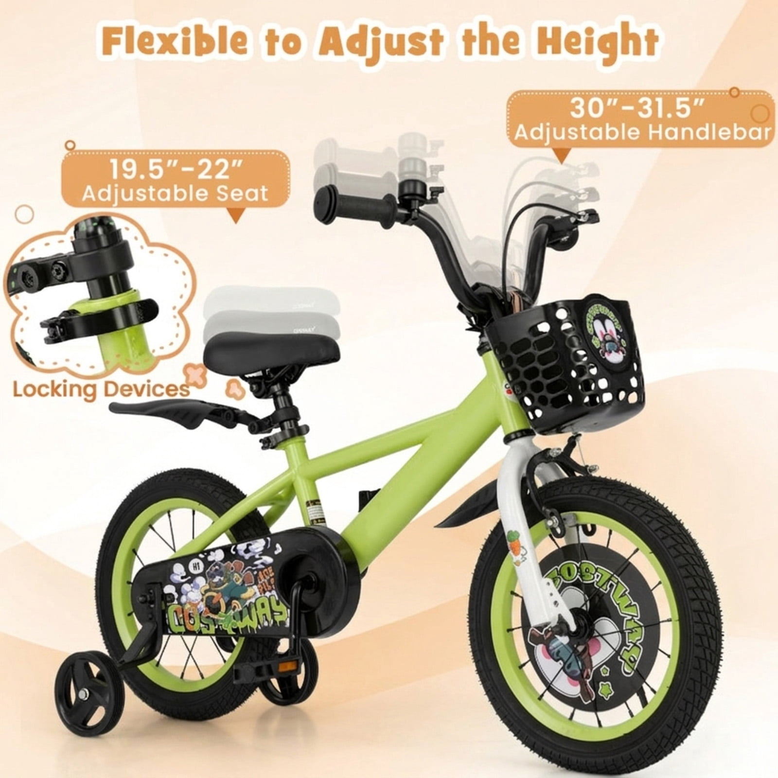 Redsmile Kids Bike 12 Inch with Detachable Training Wheels for 3-4 Years Old Boys Girls, Adjustable Kids Bicycle with Storage Basket, Handbrake and Coaster Brake, 12" Toddler Bike, Green
