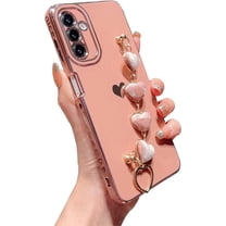 Phone Case for Samsung Galaxy A24 4g 6.5" with Elegant Heart Bracelet Strap Luxury Plating Cute Love Heart Cover with Hand Chain for Women Camera Protection Soft Shockproof Bumper (Pink)