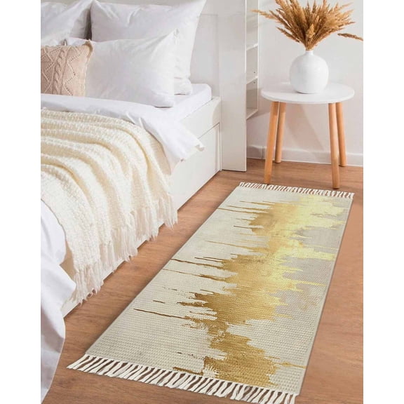 Modern Gold Hallway Runner Rug 2x5ft,Abstract Minimalist Grunge Art Color Block Washable Woven Living Room Bedroom Kitchen Bathroom Carpet with Tassels,Indoor Outdoor Throw Door Mat for Entryway