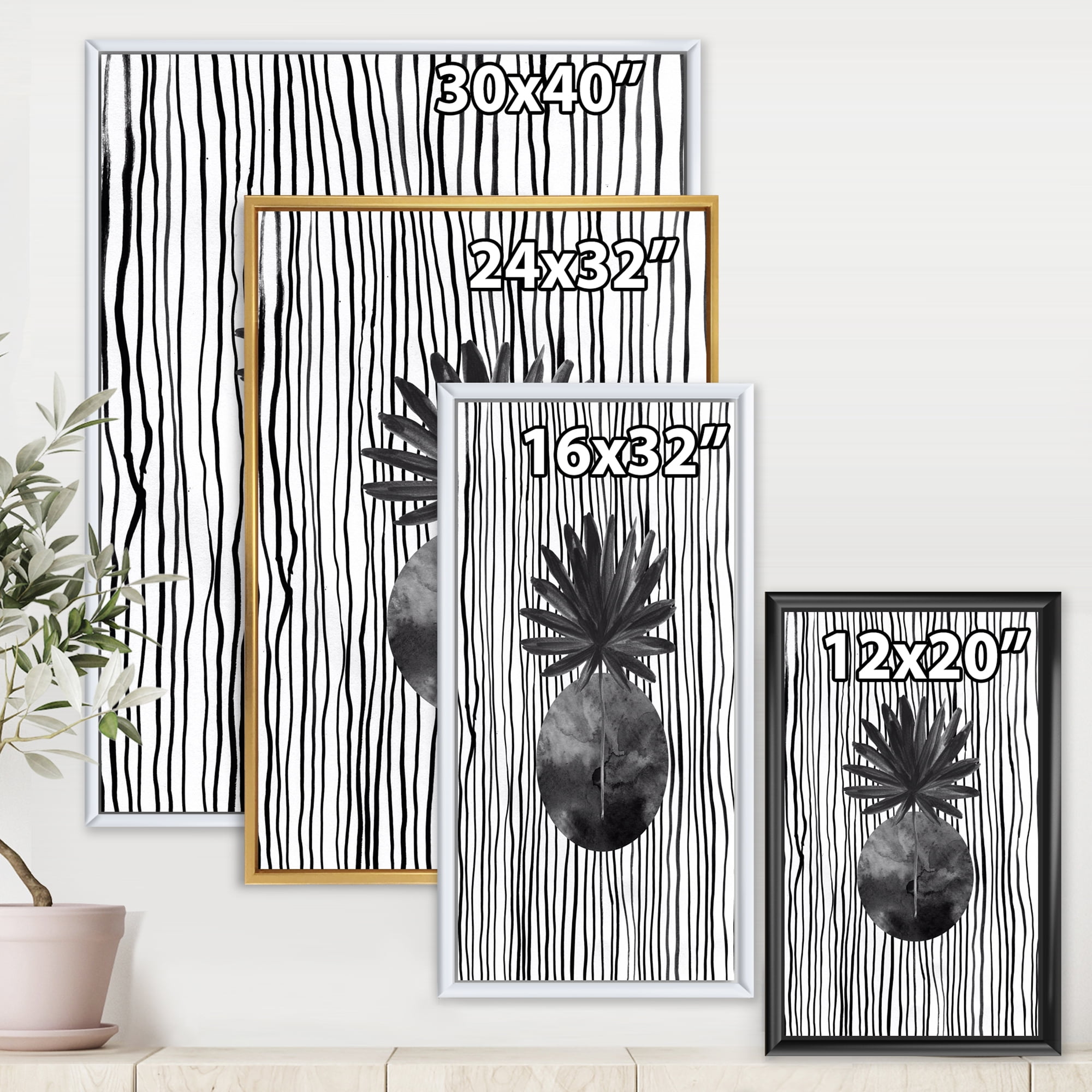 Designart 'Black and White Striped Under Tropical Leaf I' Modern Framed Canvas Wall Art Print
