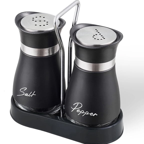 Salt And Pepper Shakers Set,Stainless Steel Salt Container with Base Holder,2 Pcs Salt Shaker Salero for Kitchen Gadgets Cooking Table,Bbq,Bar,Rv,Camp (Black)