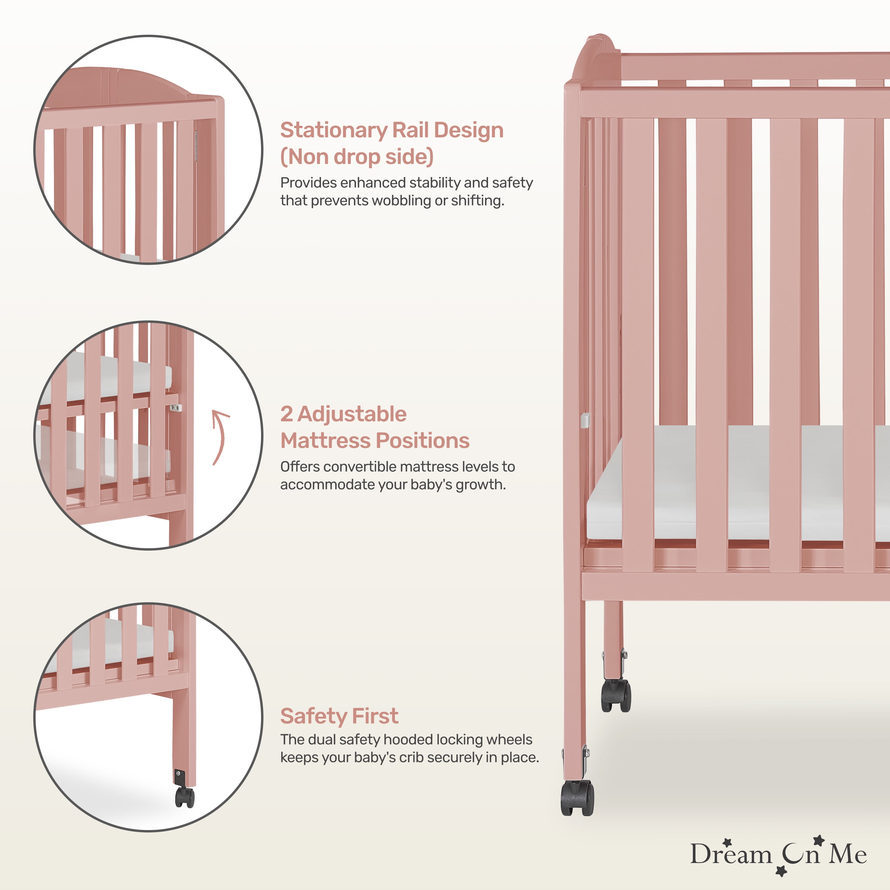 Dream On Me 2-in-1 Folding Portable Mini Crib in Dusty Pink, Mattress Pad Included, Easy to Fold and Store Baby Crib, Two Adjustable Mattress Height positions Convertible Crib