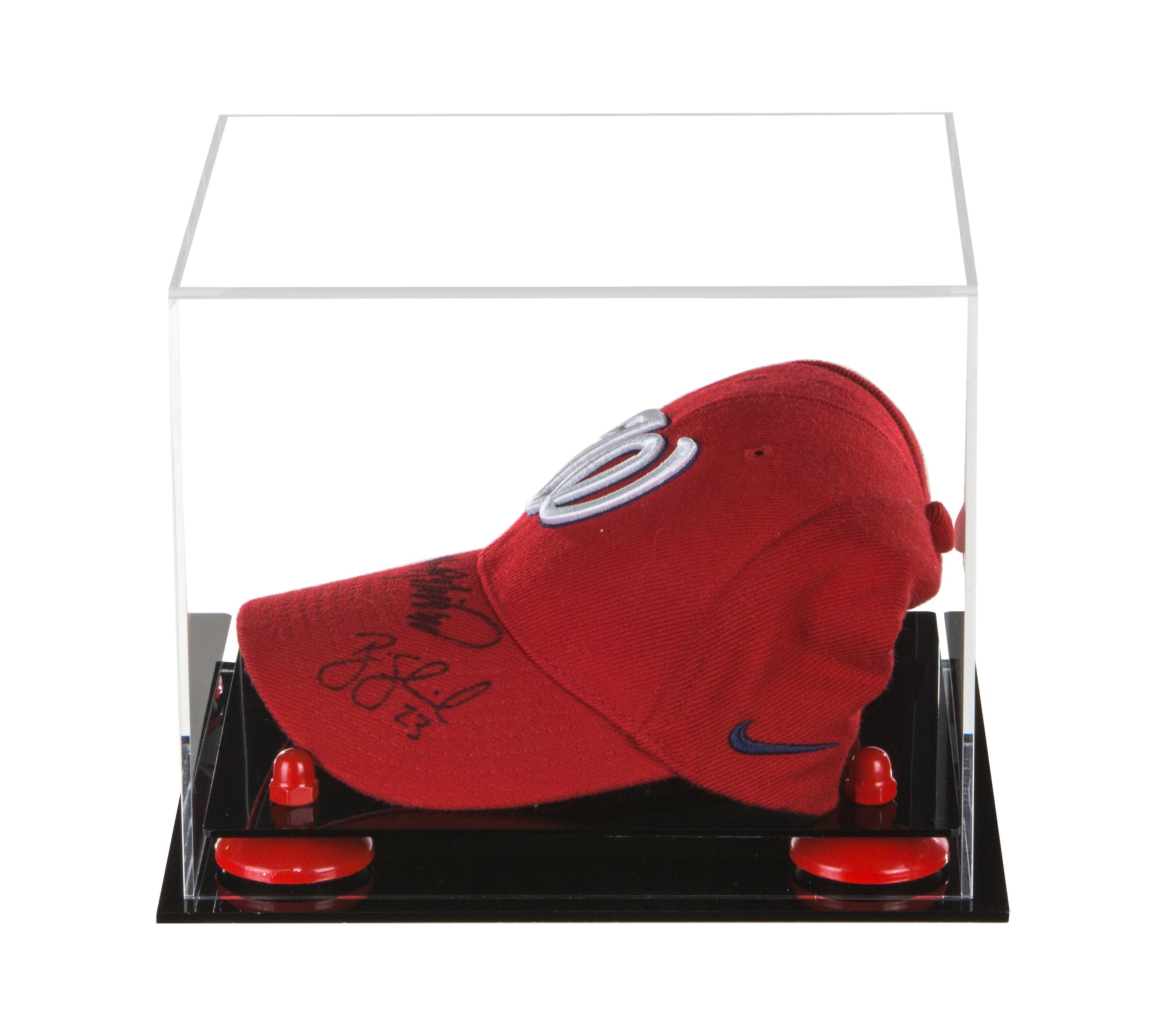 A006-RR Deluxe Clear Acrylic Baseball Cap Display Case Red Risers Turf Base 