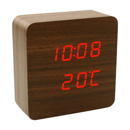 Digital LED Alarm Clock, Brown Wood Grain with Red LED Display, Voice Control, Atomic Clock Function, Temperature Display, for Bedroom, Office, Desk, Nightstand - Compact Design, Easy to Read, Multi