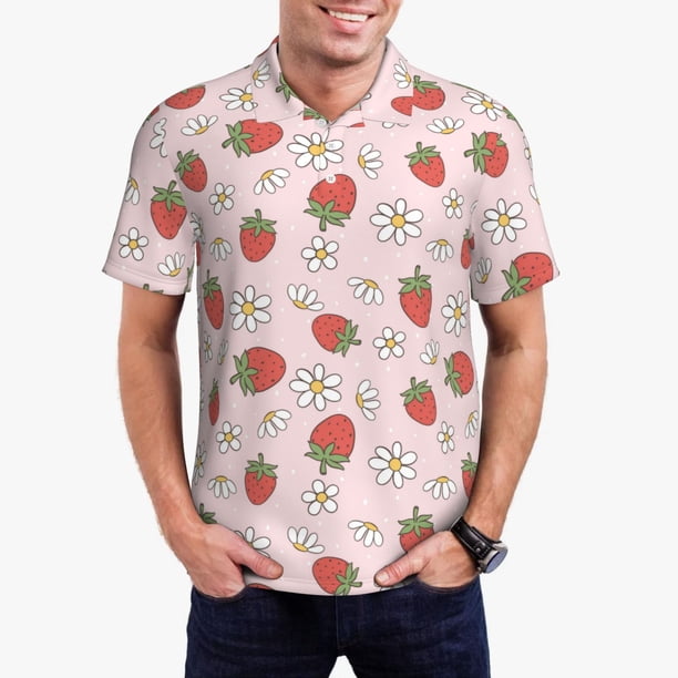 Fotbe Strawberry Floral Camiseta Polo de Golf para Hombre con Estampado – Camisa Deportiva Transpirable con Cuello Abotonado-Large