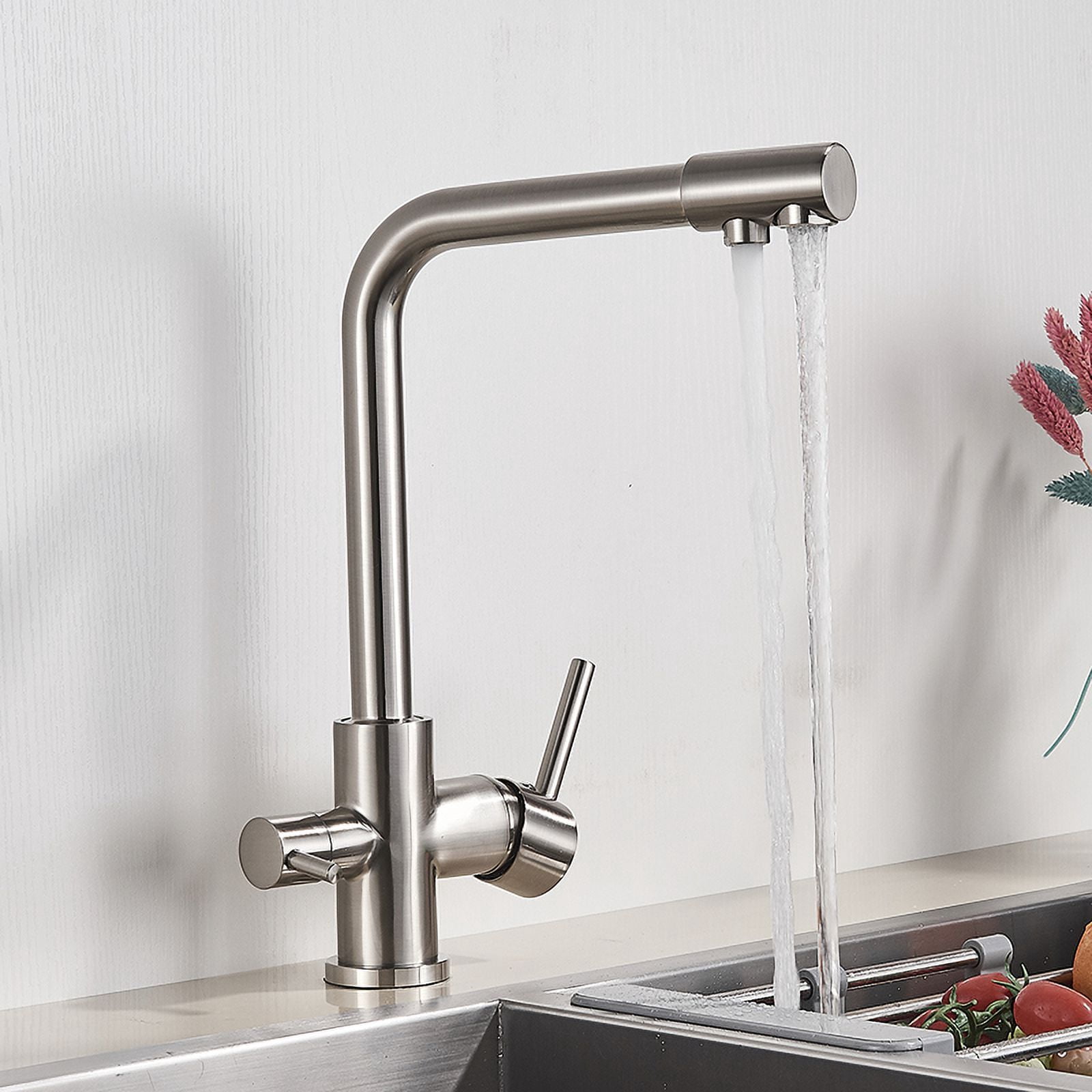 Brushed Nickel Filter Kitchen Faucet, Drinking Water Kitchen Tap, Deck Mounted Dual Handles 3-Way Hot Cold Water Mixer