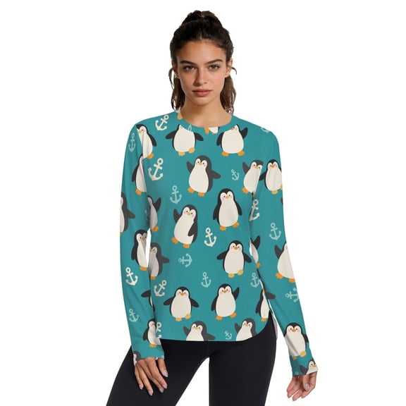 Cartoon Penguin and Anchor Women UPF 50 UV Shirts Long Sleeve with Thumb Holes Workout Sun Shirt Quick Dry Athletic Hiking Tops