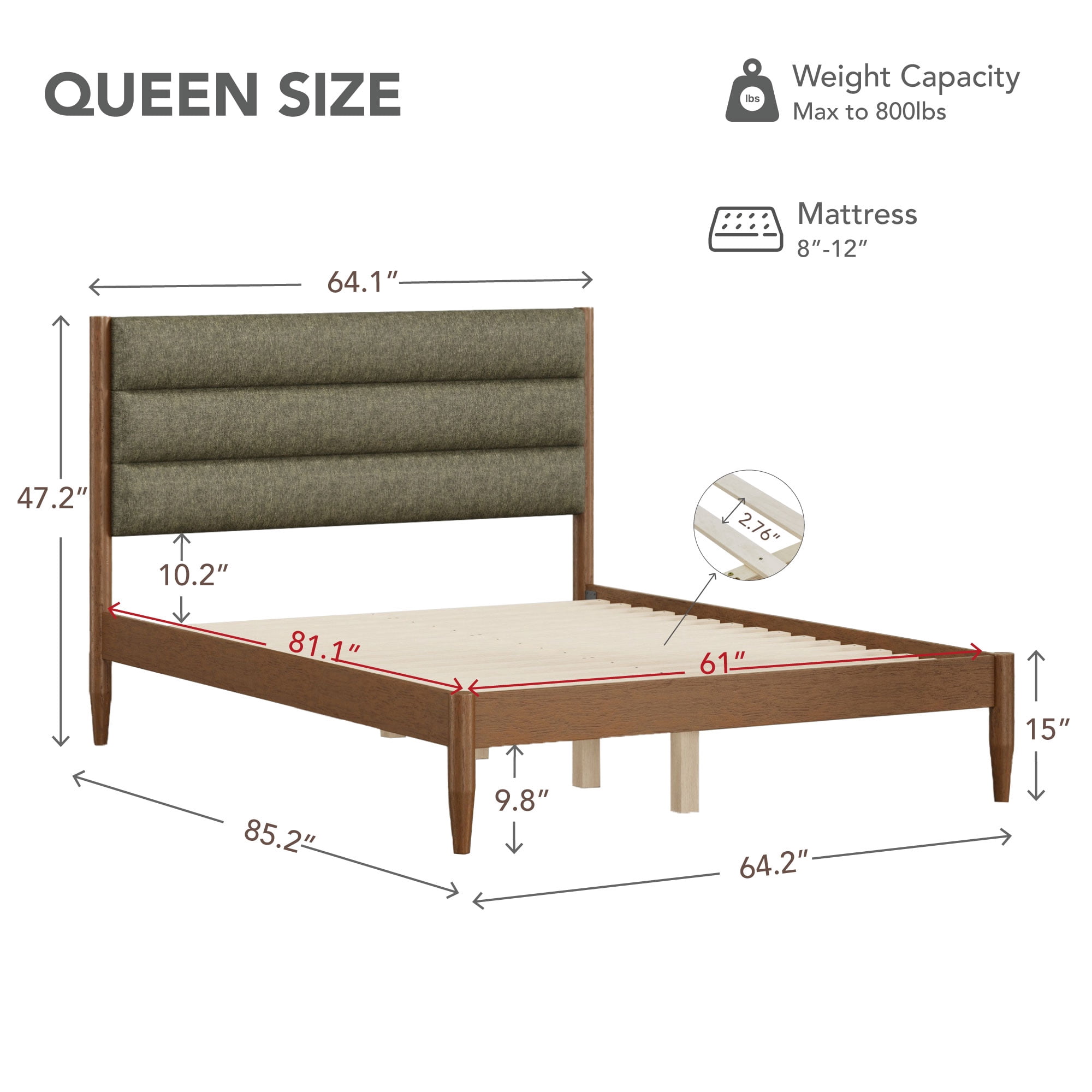 Spruce & Spring Farmhouse Queen Upholstered Bed Frame, Solid Rubberwood Frame, Sage Green Boucle Headboard, Noise-Free, No Box Spring Required, Walnut & Sage