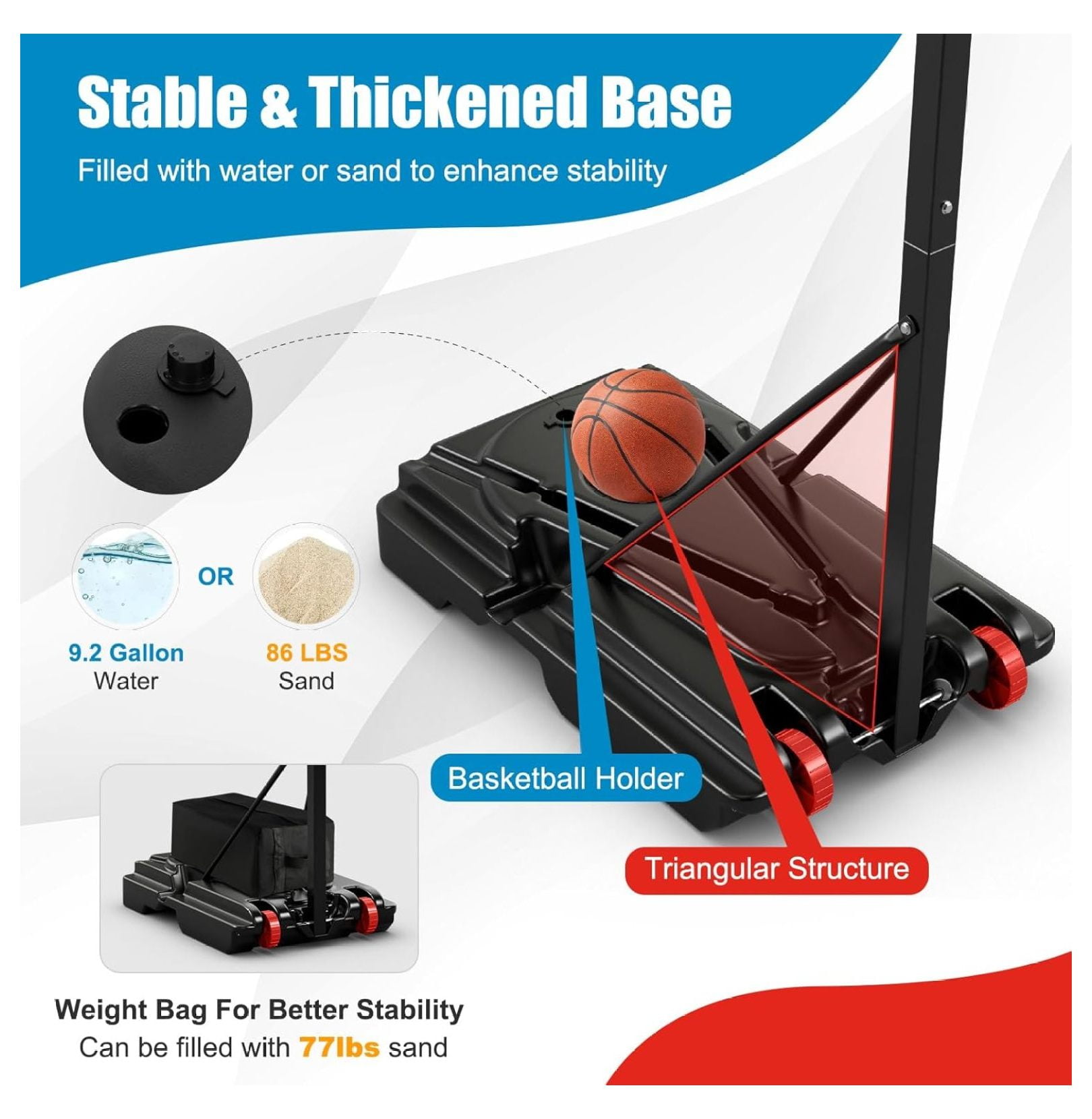Portable Basketball Hoop, 5 FT to 10 FT Adjustable Basketball Goal with 10 Heights, All Weather Basketball Stand System with Weight Bag & Wheels, for Youth Adult, Indoor Outdoor Pool, Court