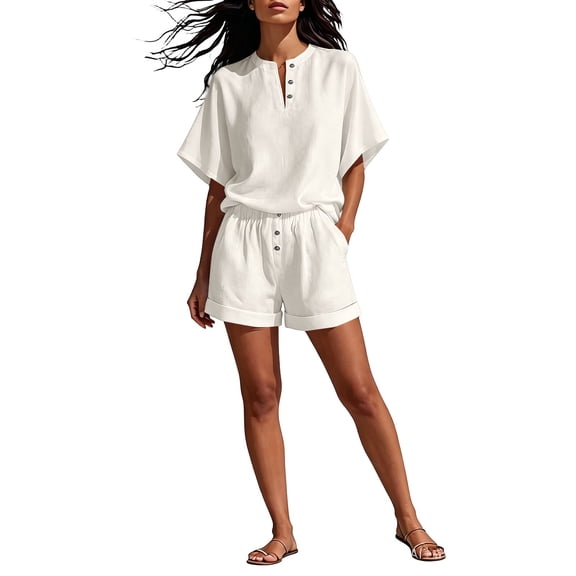 BODOAO Women's Linen Short Set Short Sleeve Button Shirt and Wide Leg Shorts Loose Fit Summer Casual 2 Piece Outfit for Beach, Vacation, Resort, Lounge and Daily Wear Outfits Beige L