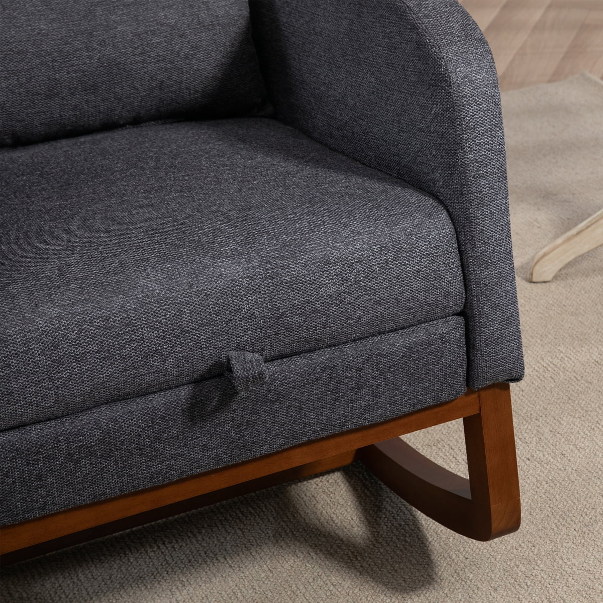 25.4"W Modern Rocking Chair for Nursery, Mid Century Accent Arm Rocker With Retractable Footrest, Side Pocket, Comfy Upholstered Wingback Wooden Glider Chair for Living Room Baby Kids Room. Charcoal