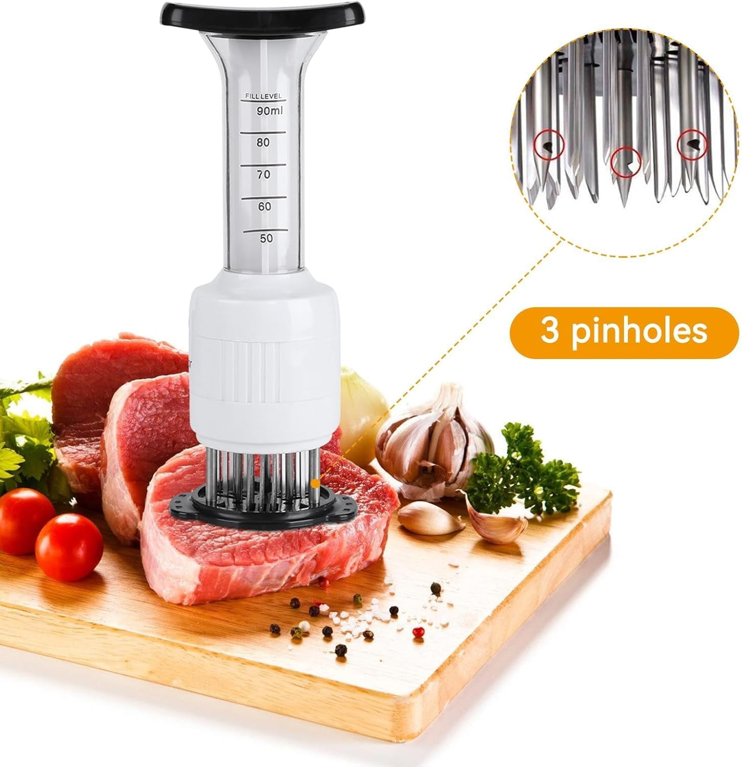 2-in-1 Meat Tenderizer with Marinade Injector, Stainless Steel Needles Flavor Marinade Meat Injector Syringe for BBQ Steak Beef Turkey Brisket Pork Kitchen Cooking Tenderizing Steak Beef Poultry
