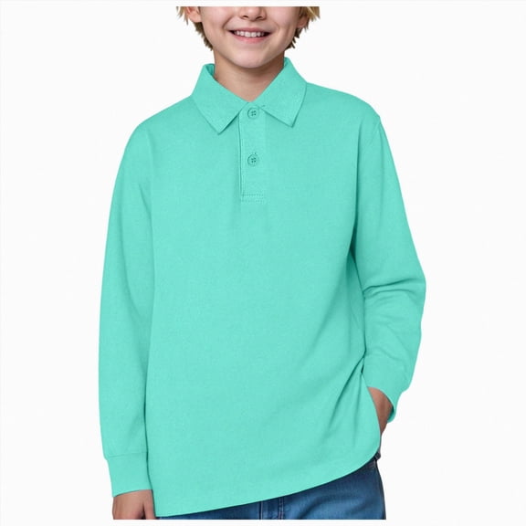 CAUYDY Toddler to Youth Boys' School Uniform Casual Polo Shirts Kids Long Sleeve Collared Golf Shirt(L101-Green,14-15 Y)