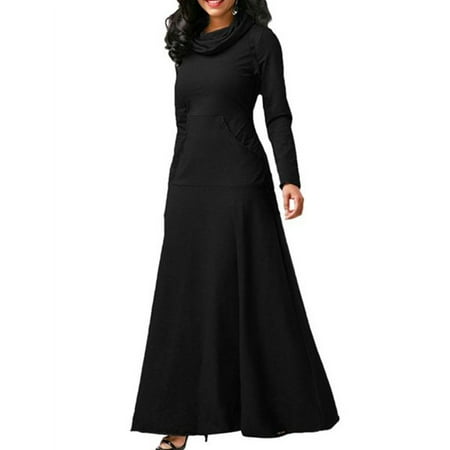 

Cowl Neck Solid Large Hem Daily Women Dress With Pocket Casual Maxi Long Sleeve
