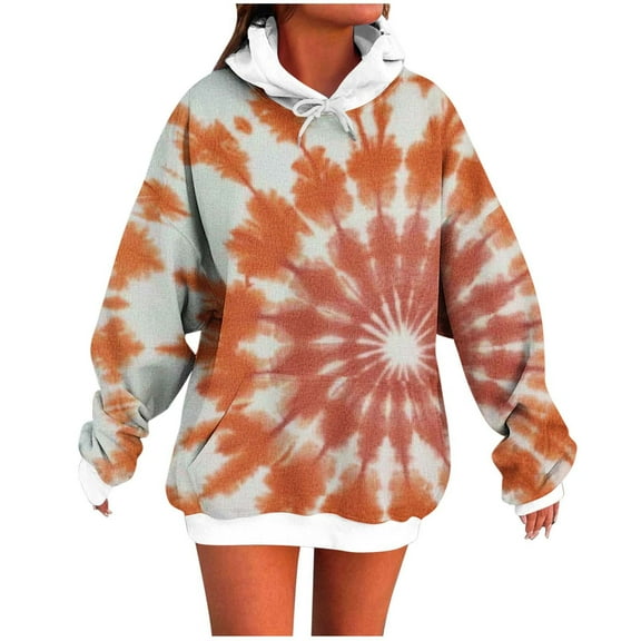 Tie Dye Shirt for Women Oversized Long Sleeved Hoodie Fall Winter Fashion Sweatshirt with Pockets Orange S