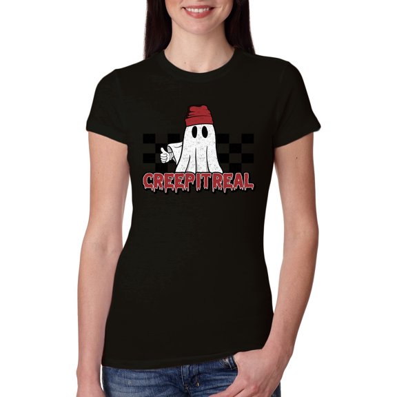Wild Bobby Creep It Real Ghost Checker Background Halloween Red and Black Halloween Women Slim Fit Junior Tee, Black, Small