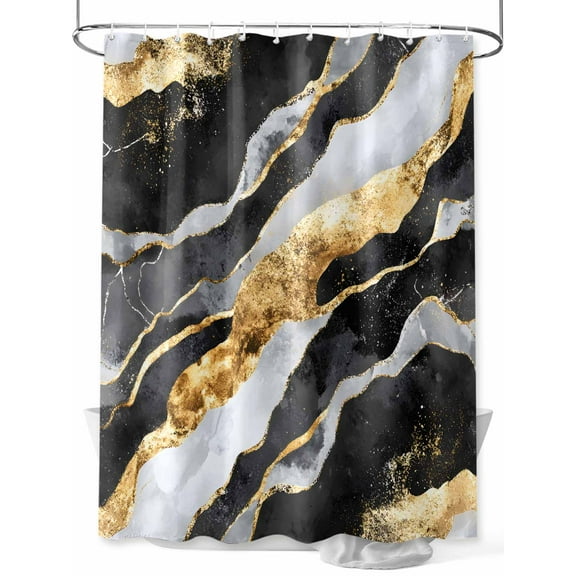 Abstract Art Shower Curtain, Black Gold Gradient Marbling Water Ripple Waterproof Shower Curtain Set with 12 Hooks Lightweight Washable Fabric Shower Curtains for Bathroom 72x84 Inches