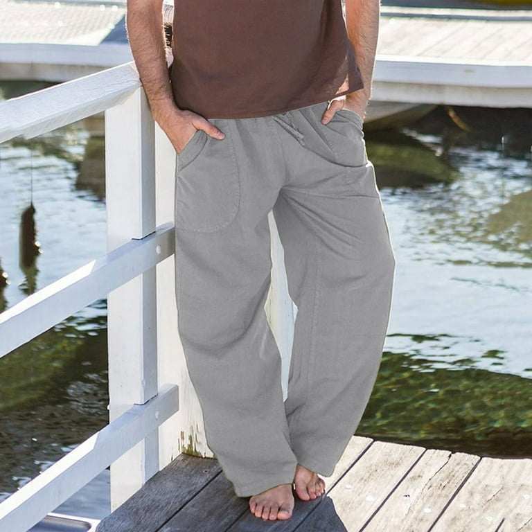 Men's Cotton Linen Beach Pants Lightweight Loose Drawstring