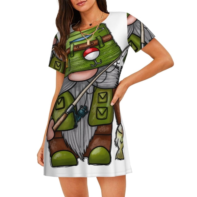 Vsdgher Motif Gnome de Pêche Chemise de Nuit à Manches Courtes Col Rond Mignonne Robe de Nuit Confortable à Volants