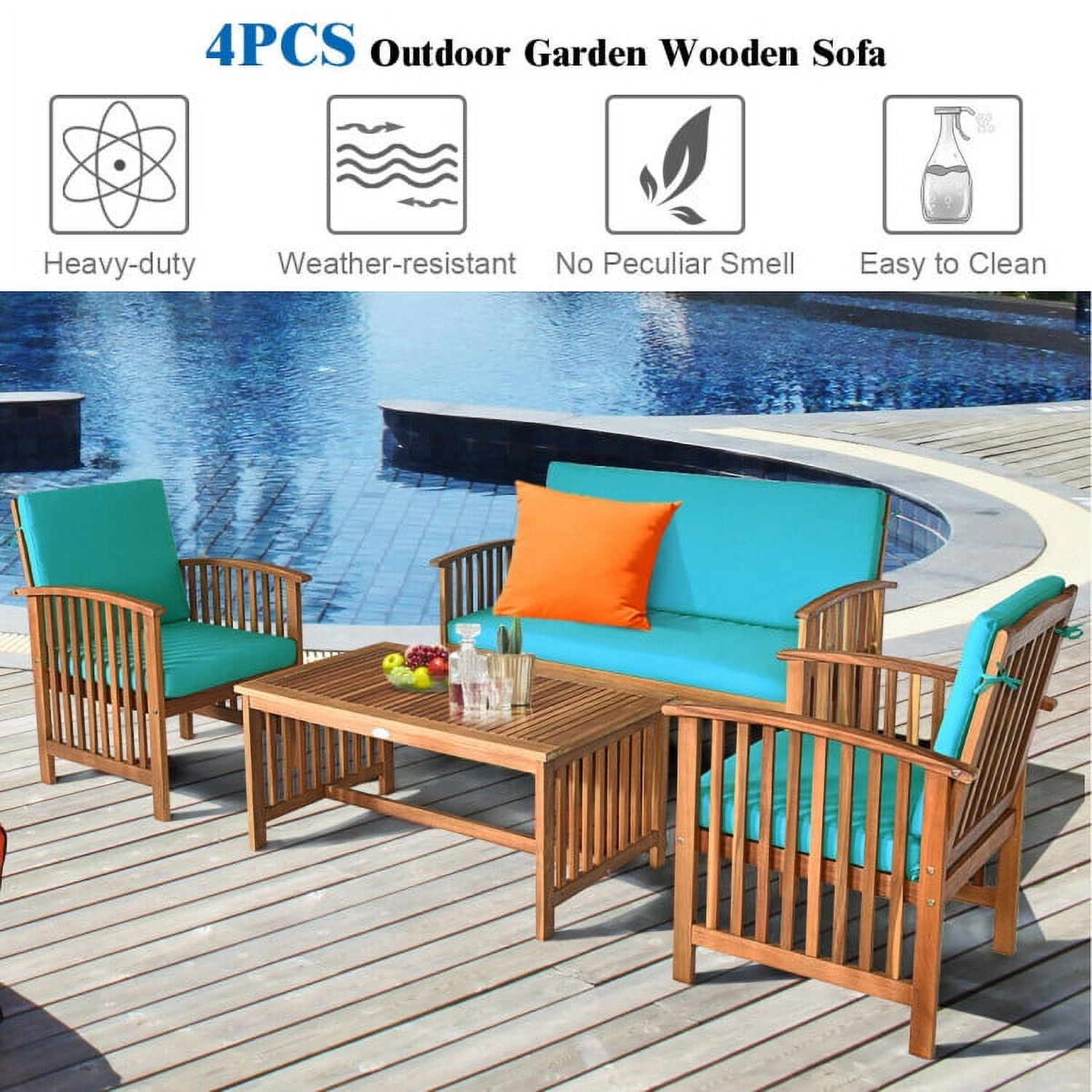 Aimee Lii 4 Pieces Patio Solid Wood Furniture Set, Wood Outdoor Furniture, Blue Aimee Lii 4 Pieces Patio Solid Wood Furniture Set, Wood Outdoor Furniture, Blue