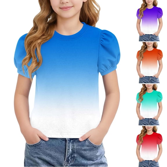 Teylalorva Girls Graphic T-Shirt, Puff Short Sleeve Crewneck Casual Cute Summer Kids Trendy Tee Light Blue Size 12