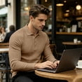 thumbnail image 6 of Satingcolo Men's Long Sleeve Polo Shirt Ribbed Knit Casua Button Down Collar Solid Color Workout Smart Casual Tops,Khaki 3XL, 6 of 7