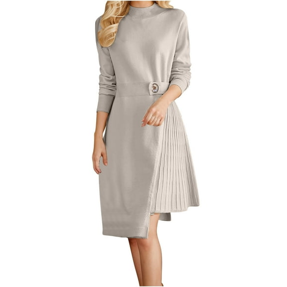 BangWanChi Sweater Dress for Women Work Women's Semi High Neck Elegant Long Sleeved Round Neck Dress