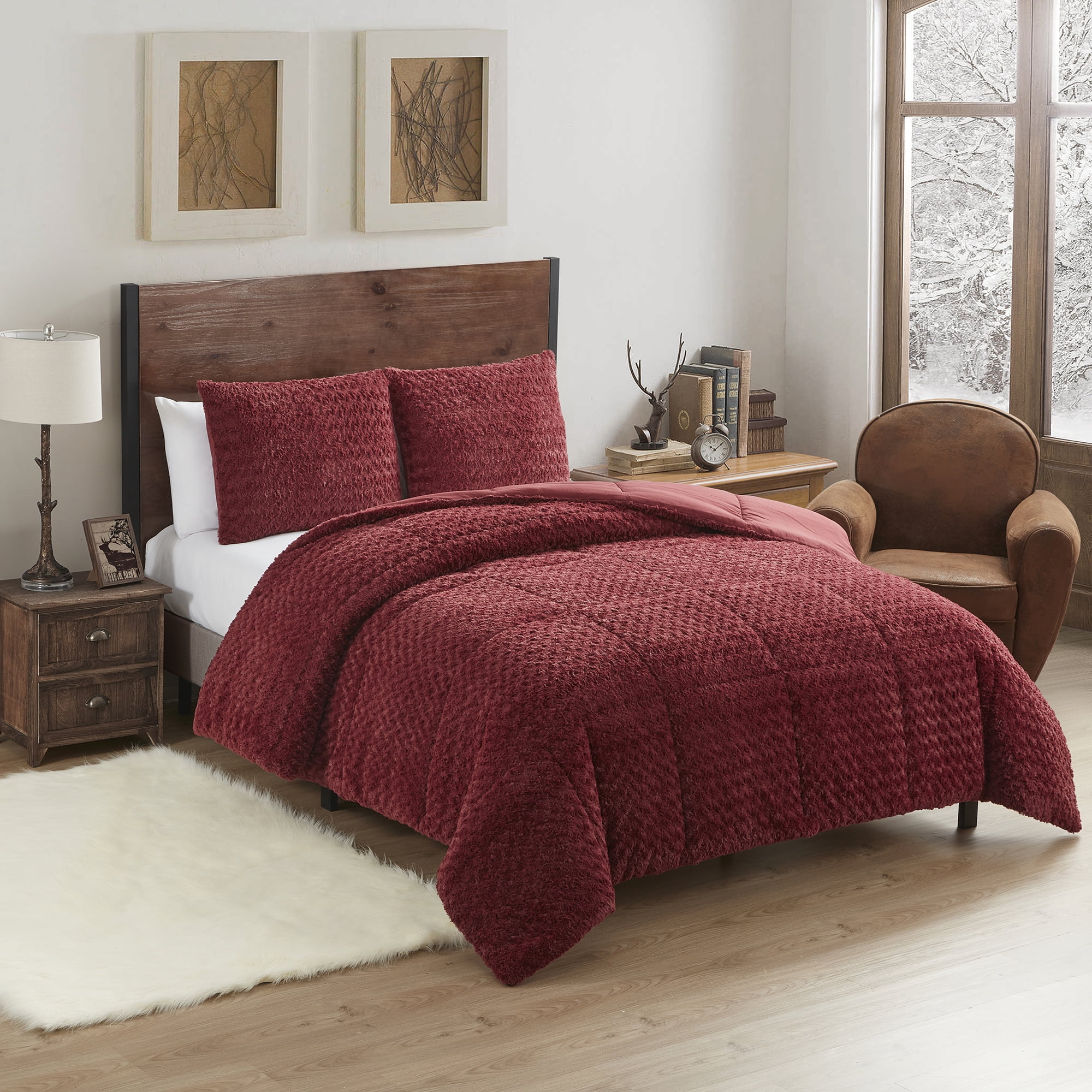 Sweet Home Collection Mika Faux Fur Animal Comforter Set - Queen Burgundy