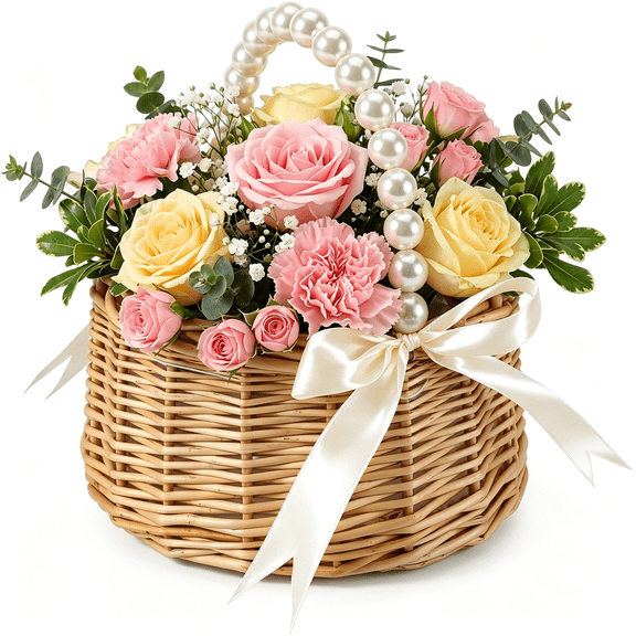 LQSEO Wedding Flower Basket,Wicker Rattan Flower Girl Basket with Handle,Bow Pearl Handle Small Flowers Baskets for Wedding Party Home Garden Decoration Outdoor Picnic