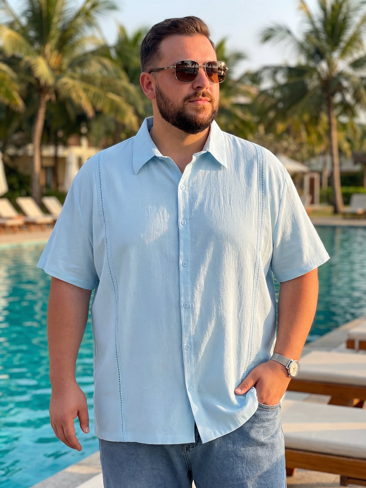 DARING DIVA Men's Big Tall Summer Casual Short Sleeve Button Down Shirts 5XL Light Blue