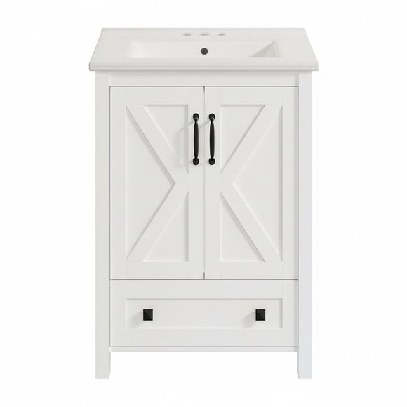 Modern Bathroom Vanity Set – 24 Inch Freestanding Cabinet with Ceramic Basin, 2 Doors & 1 Drawer, Stylish Storage for Contemporary Bathrooms – 24 inches