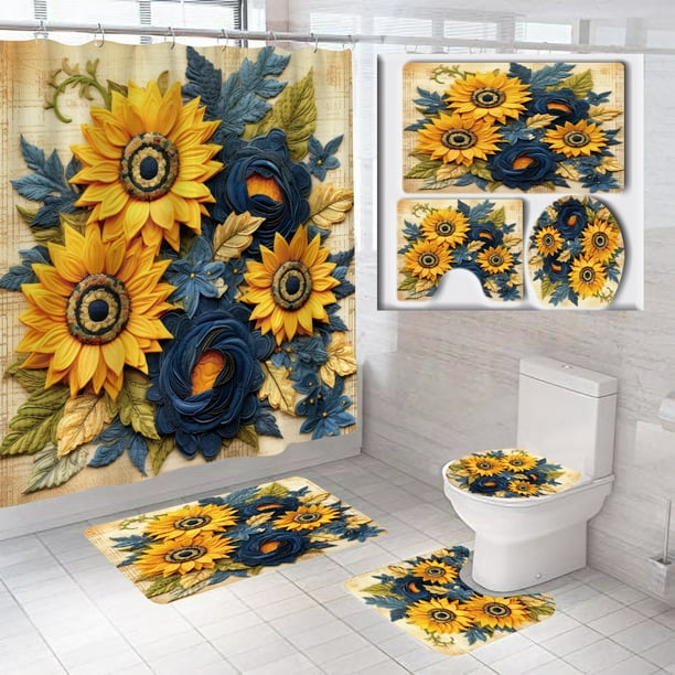 Juego de cortinas de ducha impermeables con forma de girasol para decoración de baño