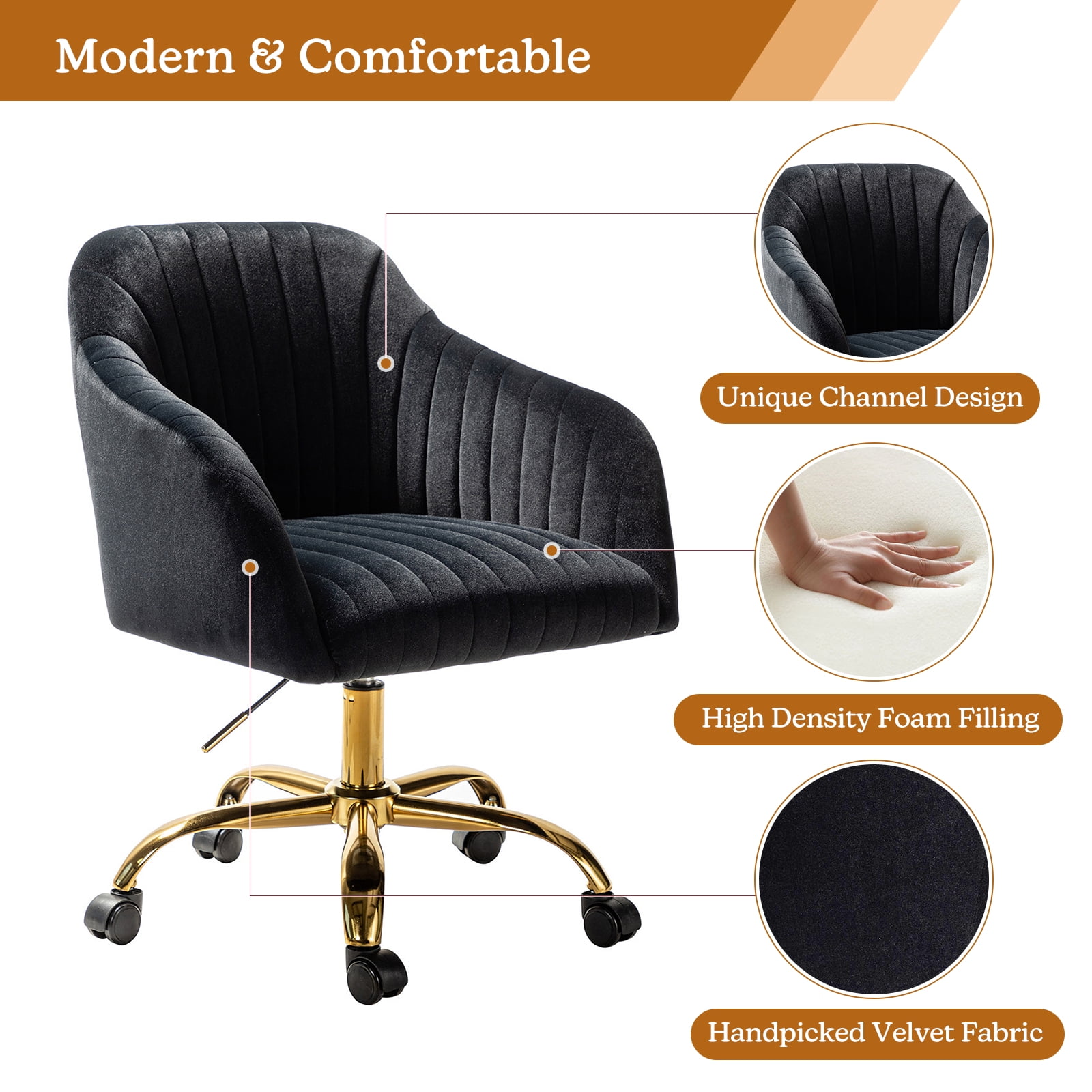 Velvet Office Desk Chair Rolling Vanity Armchair Swivel Adjustable Adult Bedroom Black