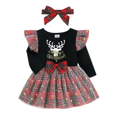 

Sunisery 2Pcs Baby Girls Christmas Outfit Reindeer Print Plaid Stitching Long-Sleeve Dress + Hairband for Toddler 12-18 Months