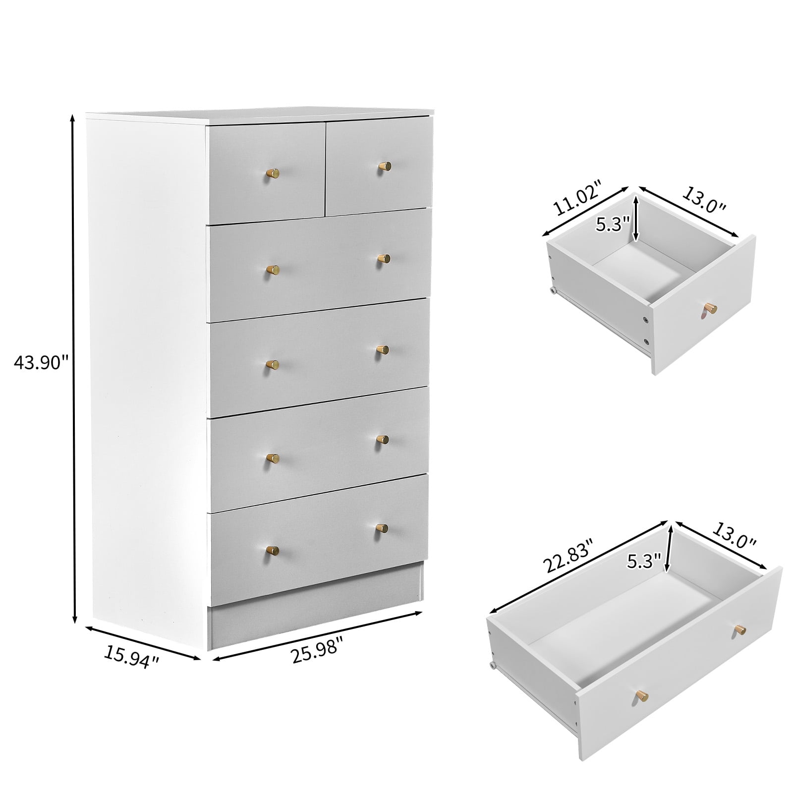Macaroon 5 Drawer Cabinet, Matte Gold Handles Linen-Textured Particle Board Cabinet, Space-Saving Storage Organizer for Bedroom Home Office Living Area