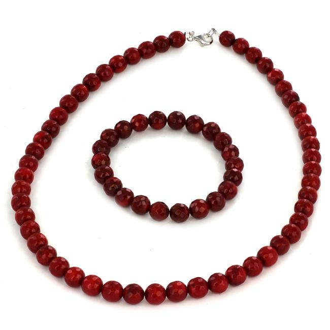 West Coast Jewelry TDL-GN1165-GB0813 Womens Sterling Silver Red Dyed Coral Faceted Beaded Bracelet & Necklace Set by West Coast Jewelry