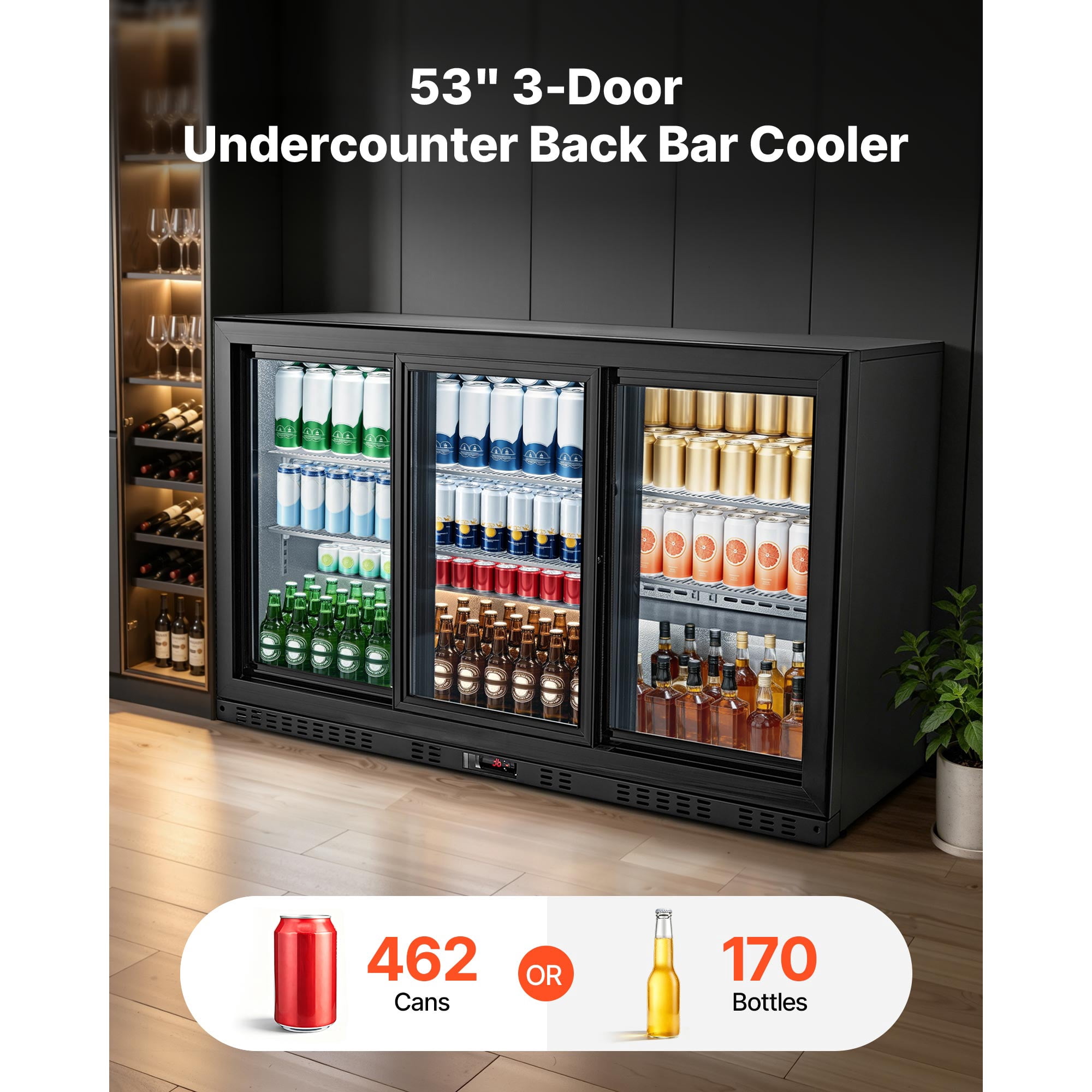 KFFKFF Commercial Back Bar Cooler, 11.4 Cu.Ft Beverage Refrigerator with 3 Sliding Glass Doors, Fan Cooling System, LED Lighting, Adjustable Shelves, and Low-E Glass for Drinks in Bars or Stores