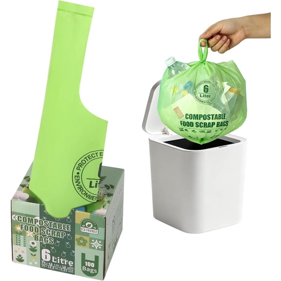 Small Compostable Trash Bags with Handles for Countertop Bin 6L,1.2 Gallon 100 Count Green Recycle Bags for Kitchen, Bag with TUV and OK Compost and BPI Certified