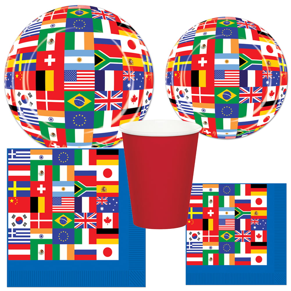 Sports or Vacation Travel Themed Party Supplies Pack for 16 Guests: Bundle Includes 16 Paper Plates and 50 Party Picks 16 Paper Napkins International World Flags Educational 16 Cups 