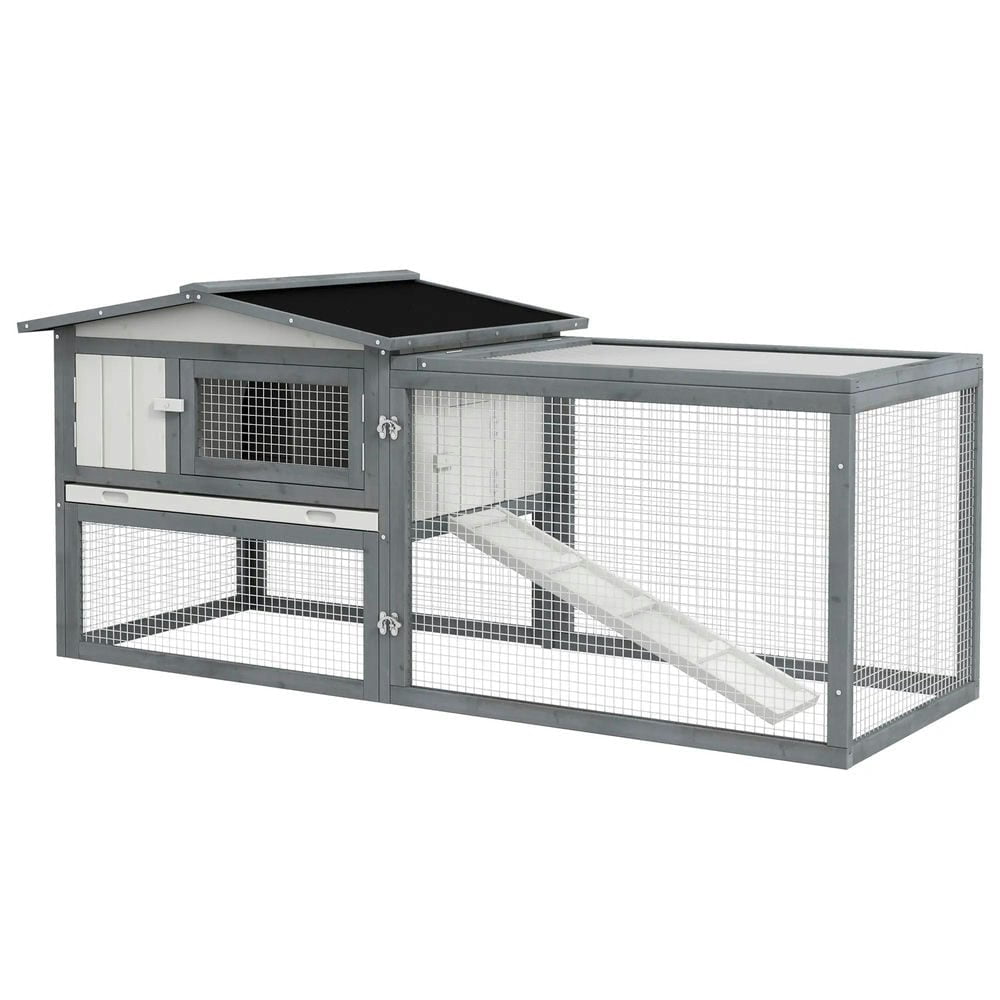 Canddidliike Large Rabbit Cage for Outdoor 61 inchL Guinea Pig Hutch w/ Run Feeding Trough Removable Tray Ramp Asphalt Roof, White
