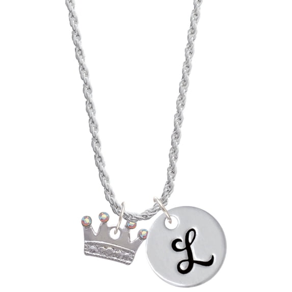 Delight Jewelry Silvertone Crown with Crystals and Textured Bottom Silvertone Script Initial Disc - L - Charm Necklace, 20"+3"