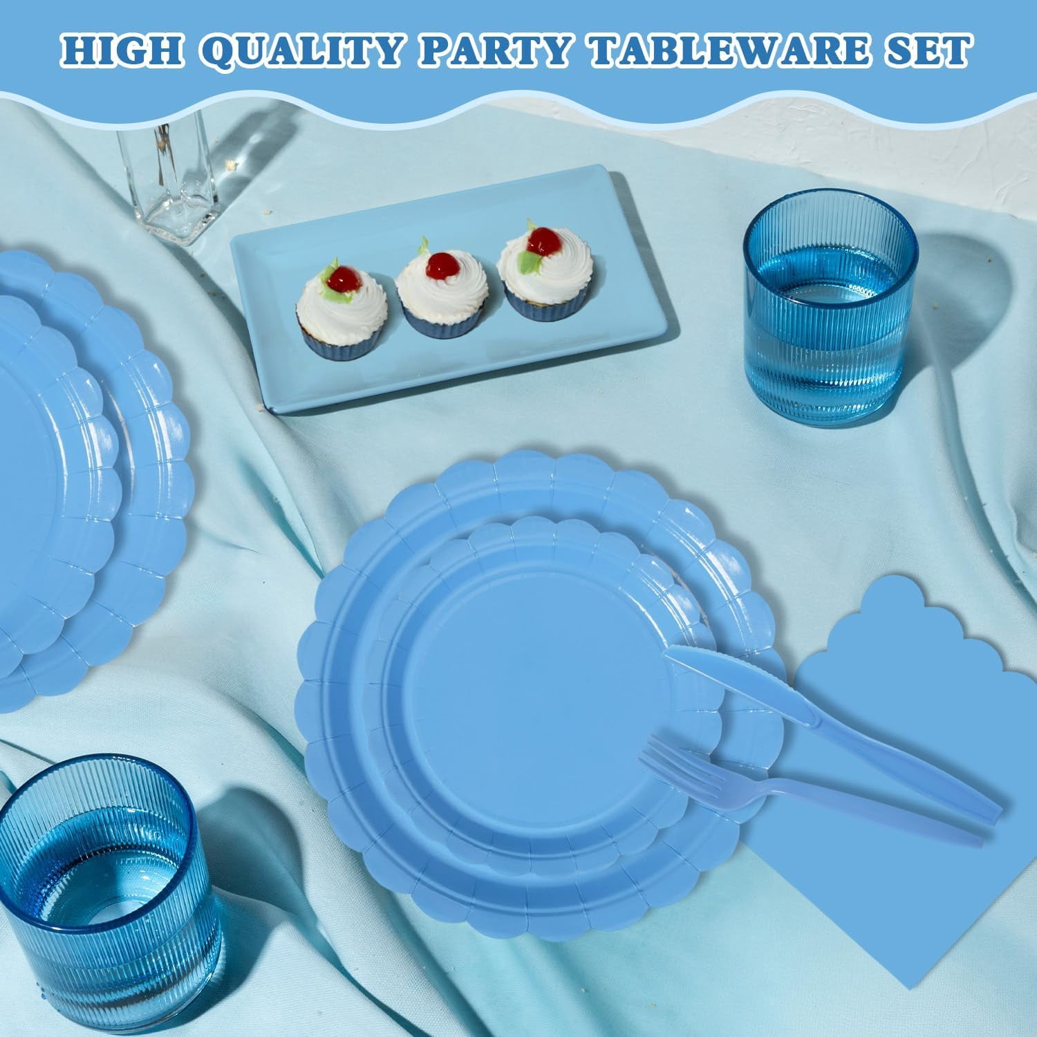 350 Pcs Blue Disposable Paper Plates and Napkins Set for 50, 9" Dinner Plates & 7" Dessert Plates, Tableware for Baby Shower, Birthday, Picnic, Party