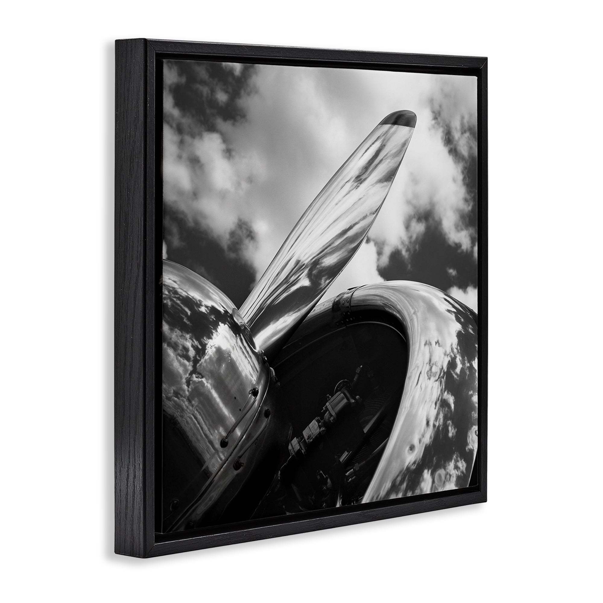 Stupell Industries Propeller with Cloud Reflection Transportation Photography Black Floater Framed Canvas Art Print Wall Art, 18 x 18