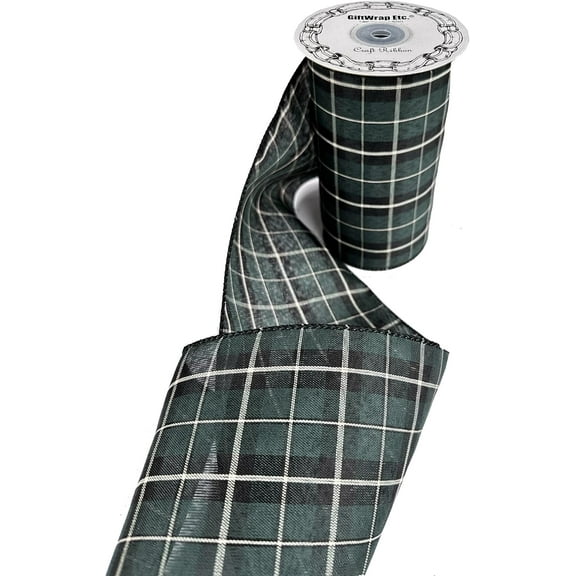 Hunter Green Christmas Tartan Ribbon - 6" x 10 Yards, Wired Edge, Black Green Gold Plaid, Wreath, Xmas Tree Topper Bows, Decor