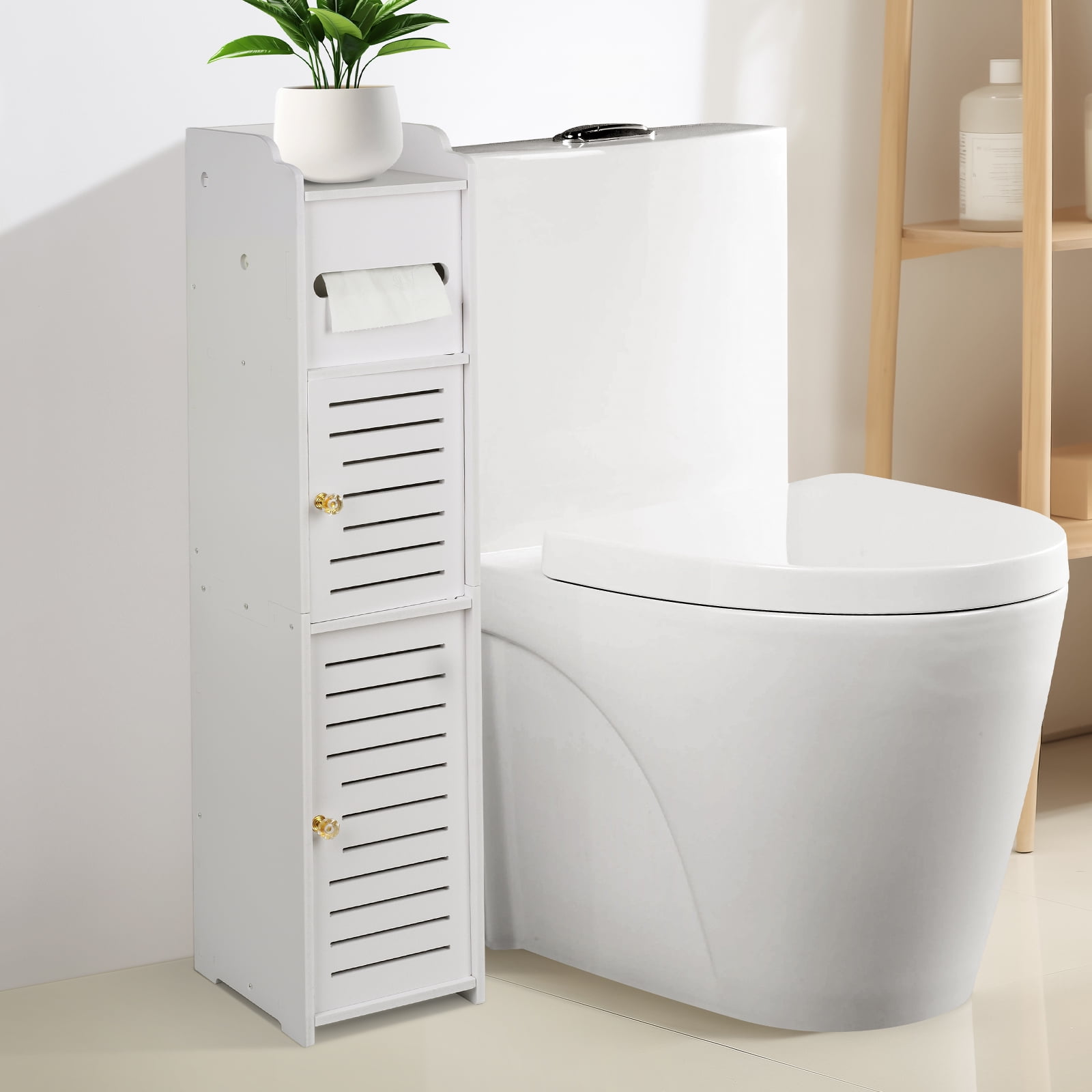 PHANCIR Toilet Paper Holder with Roll Holder, Bathroom Storage Cabinet Beside Toilet for Small Spaces, Store Mega Rolls, White