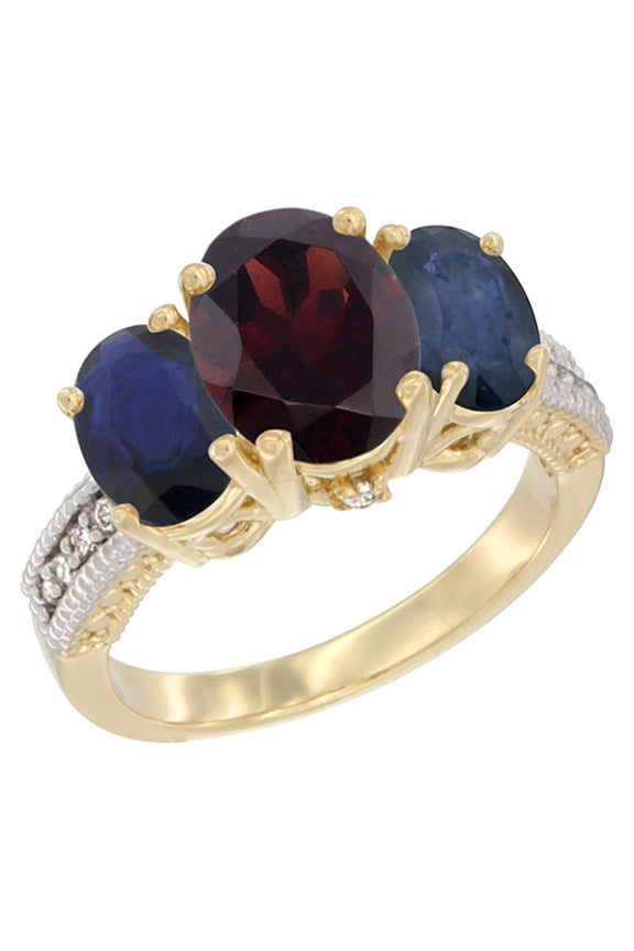 14K Yellow Gold Diamond Natural Garnet Ring 3-Stone Oval 8x6mm with Blue Sapphire, size 7
