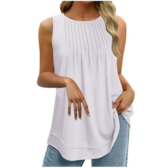 XuJwPNcy Summer Tank Tops for Women Casual Loose Round Neck Sleeveless Tshirts Fashion Pleated Curvy Hem Flowy Tops