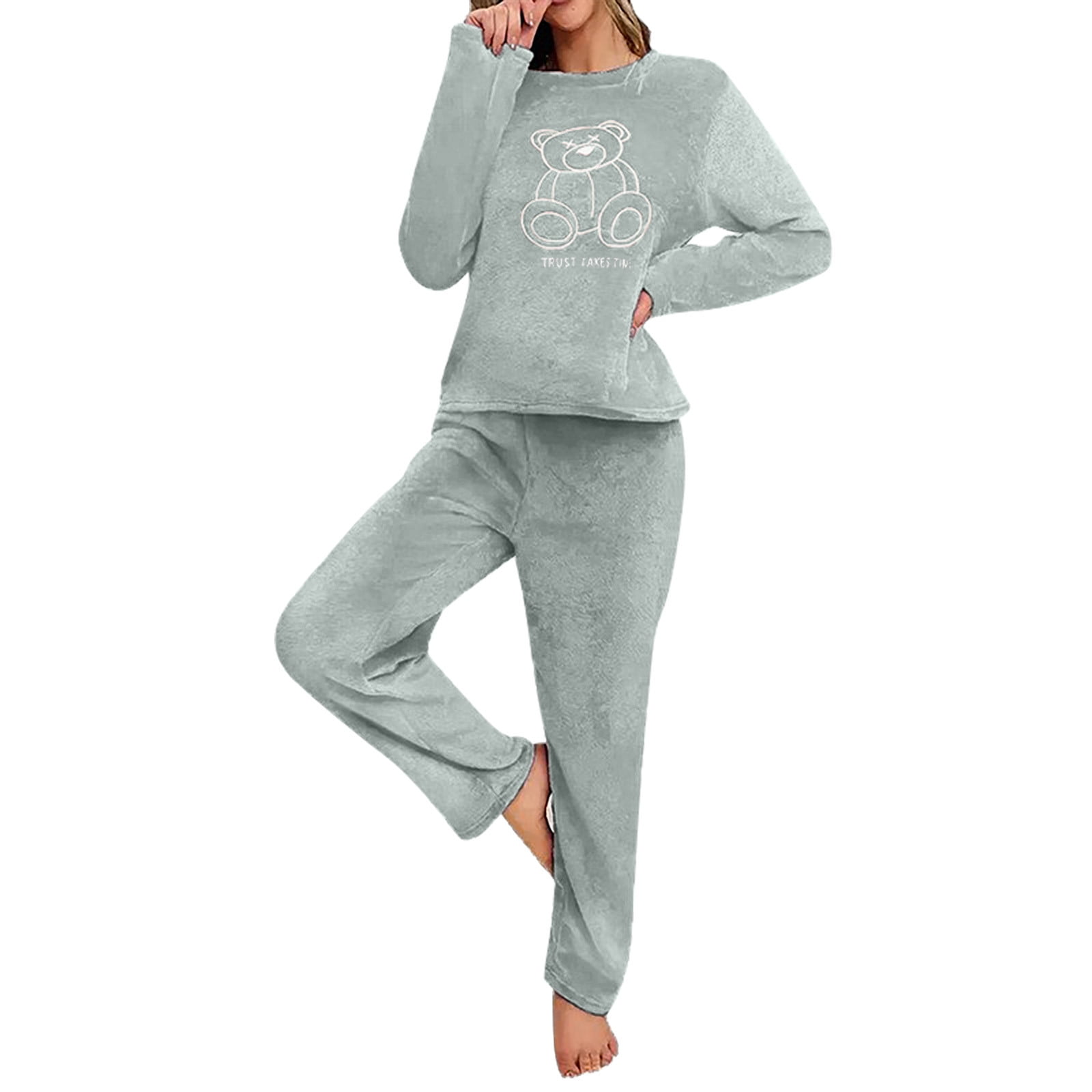 Ensemble De Pyjama En Polaire Duveteuse Pour Femmes Deux Pièces Flanelle Douce Et Chaude Vêtements De Nuit Manches Longues Chandail Et Pantalon D Tente Mig